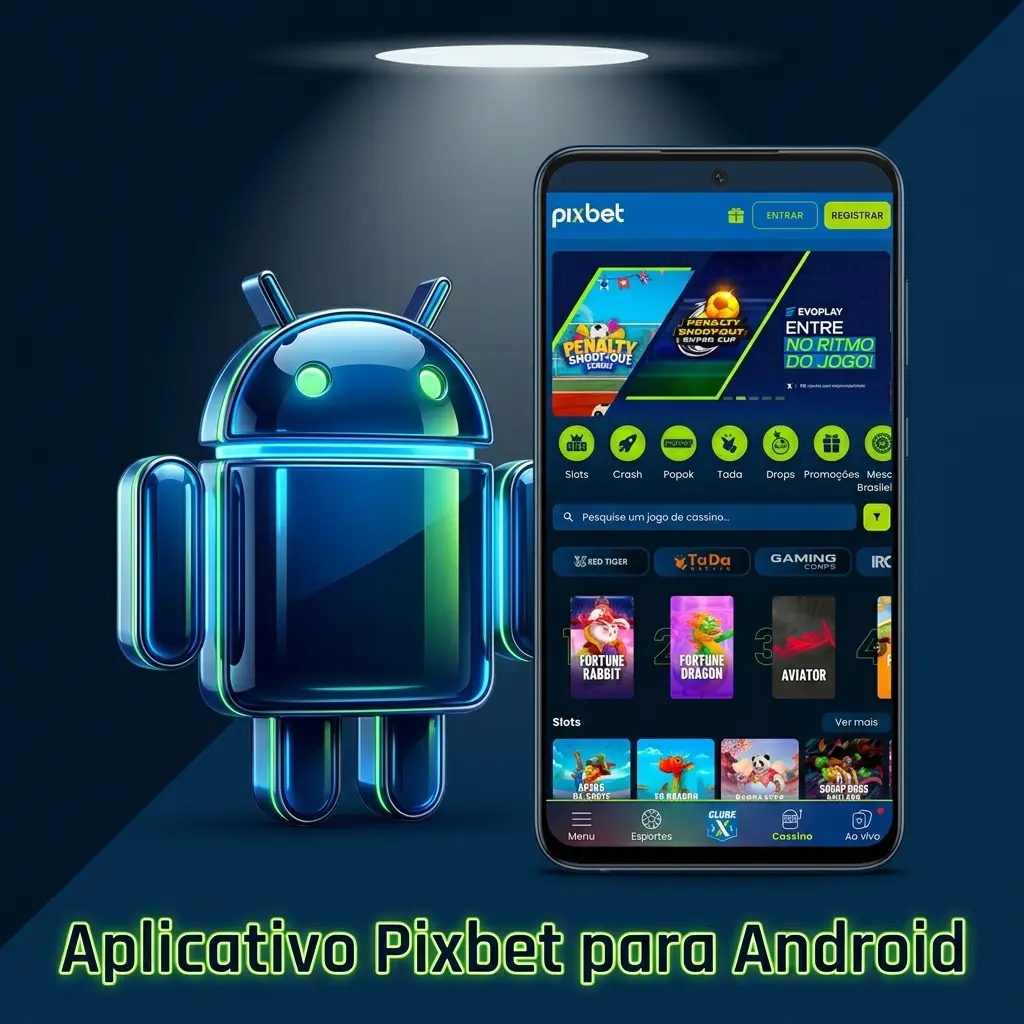 Tela do aplicativo Pixbet para Android com opções de apostas esportivas e cassino disponíveis para download gratuito