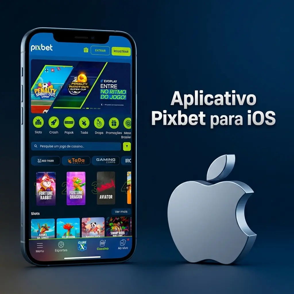 Aplicativo Pixbet para iOS no iPhone com opções de apostas esportivas, cassino ao vivo e pagamentos via Pix
