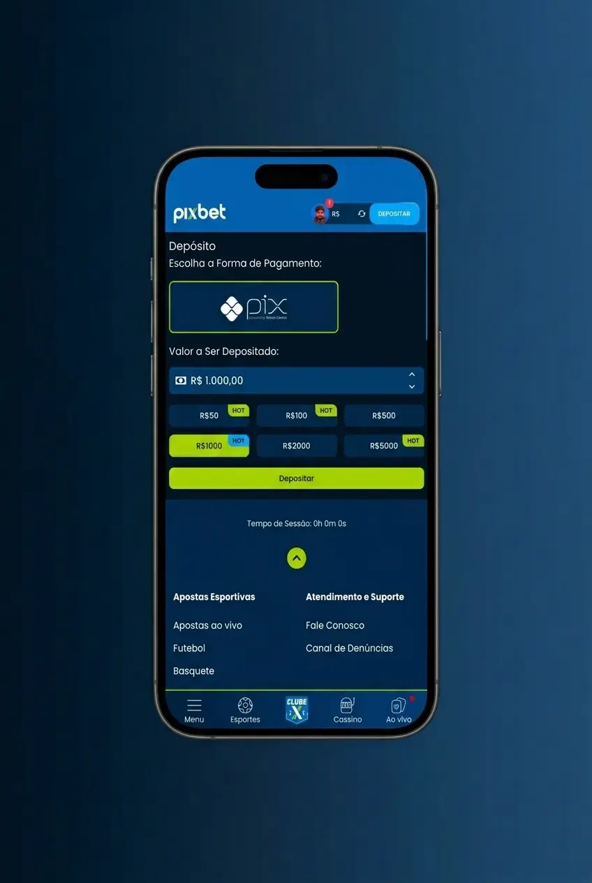 Interface do app Pixbet para apostas em basquete no Android com mercado ao vivo e depósito via Pix