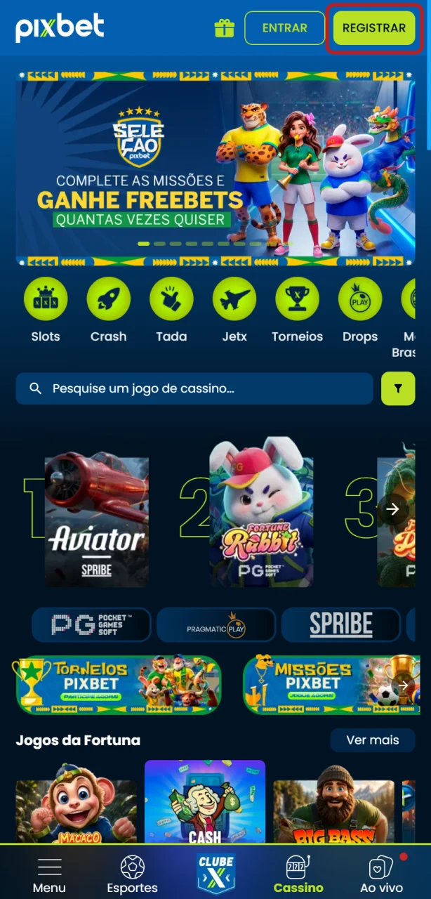 Toque em “Cadastrar” no aplicativo móvel da Pixbet para começar.