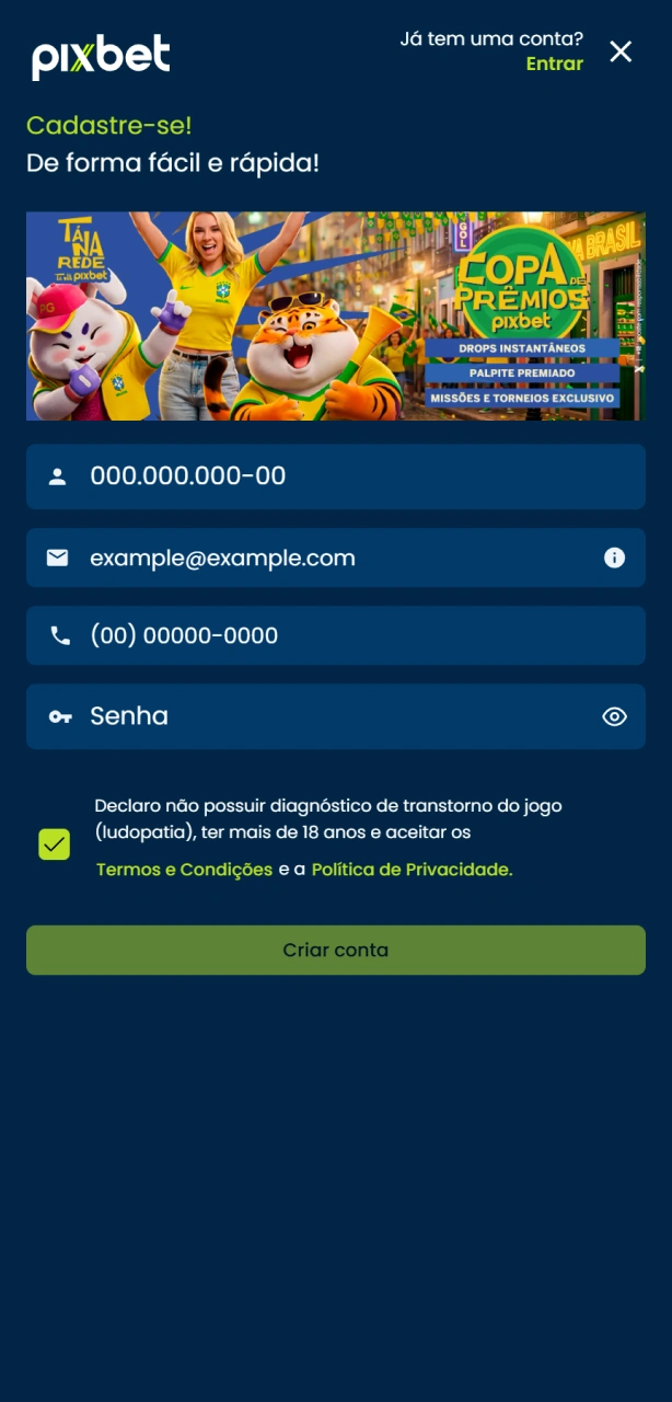 Selecione o método de cadastro no aplicativo móvel da Pixbet desejado.