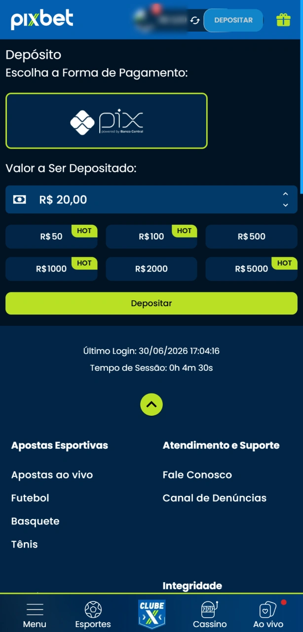 Realize seu primeiro depósito na Pixbet para ativar o bônus de boas-vindas.