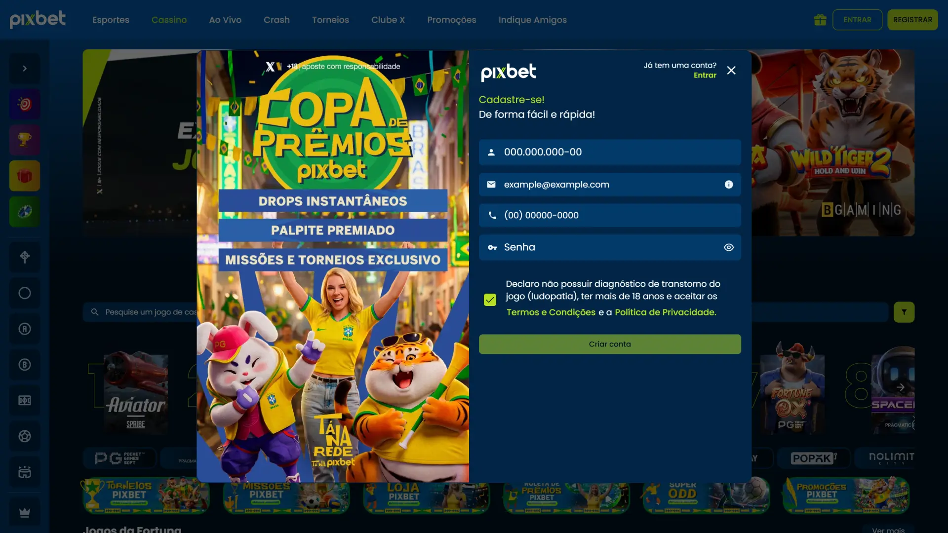Escolha o método de registro na Pixbet que preferir usar.