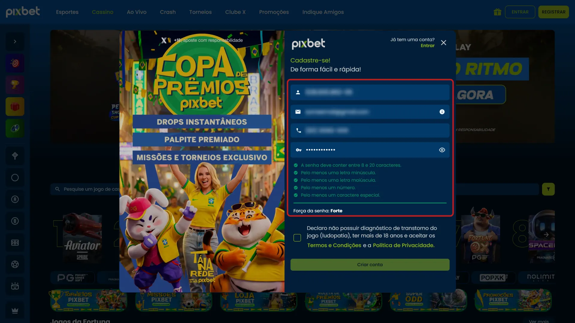 Preencha seus dados pessoais no formulário de cadastro da Pixbet.
