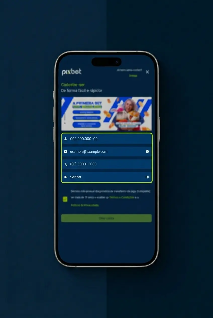Cadastro no aplicativo Pixbet em 5 passos simples para maiores de 18 anos, com depósito mínimo de R$1