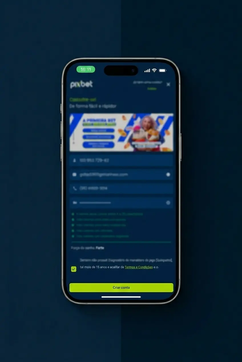 Tela de cadastro no aplicativo Pixbet com campos para nome, CPF, e-mail e data de nascimento