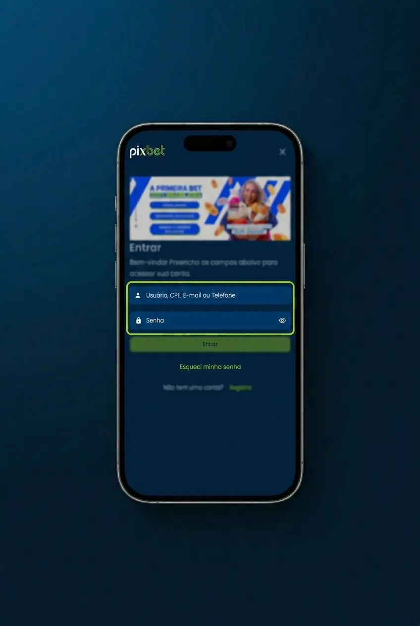 Tela de login no aplicativo Pixbet para Android com campos de e-mail e senha para acesso a apostas e cassino
