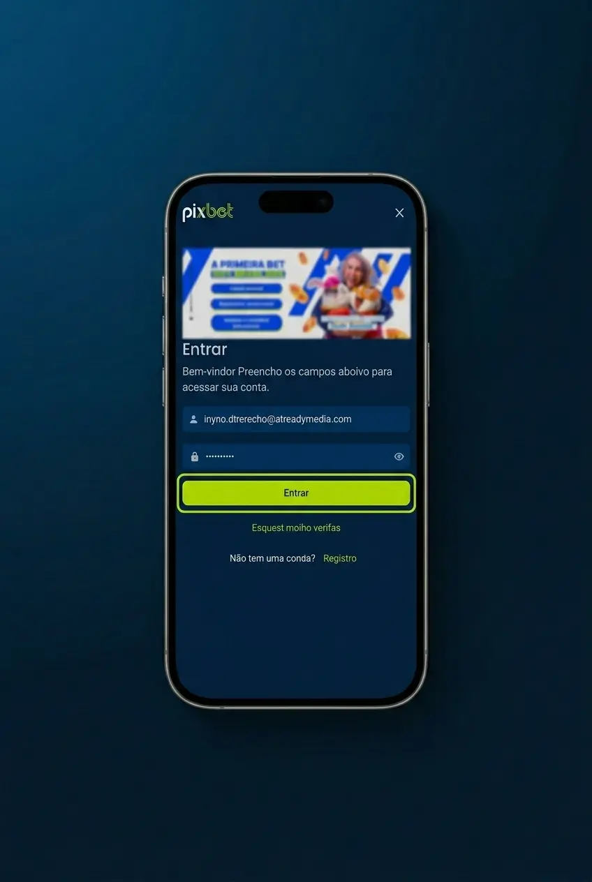 Tela de login do aplicativo Pixbet para Android com campos de acesso para apostas esportivas e cassino