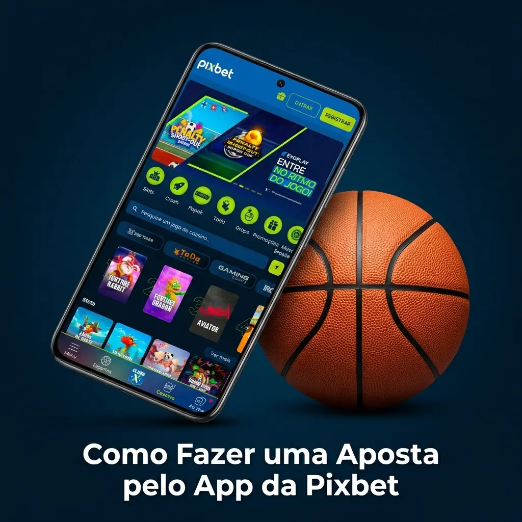 Tela do app Pixbet mostrando como selecionar esporte, evento e confirmar aposta pelo celular