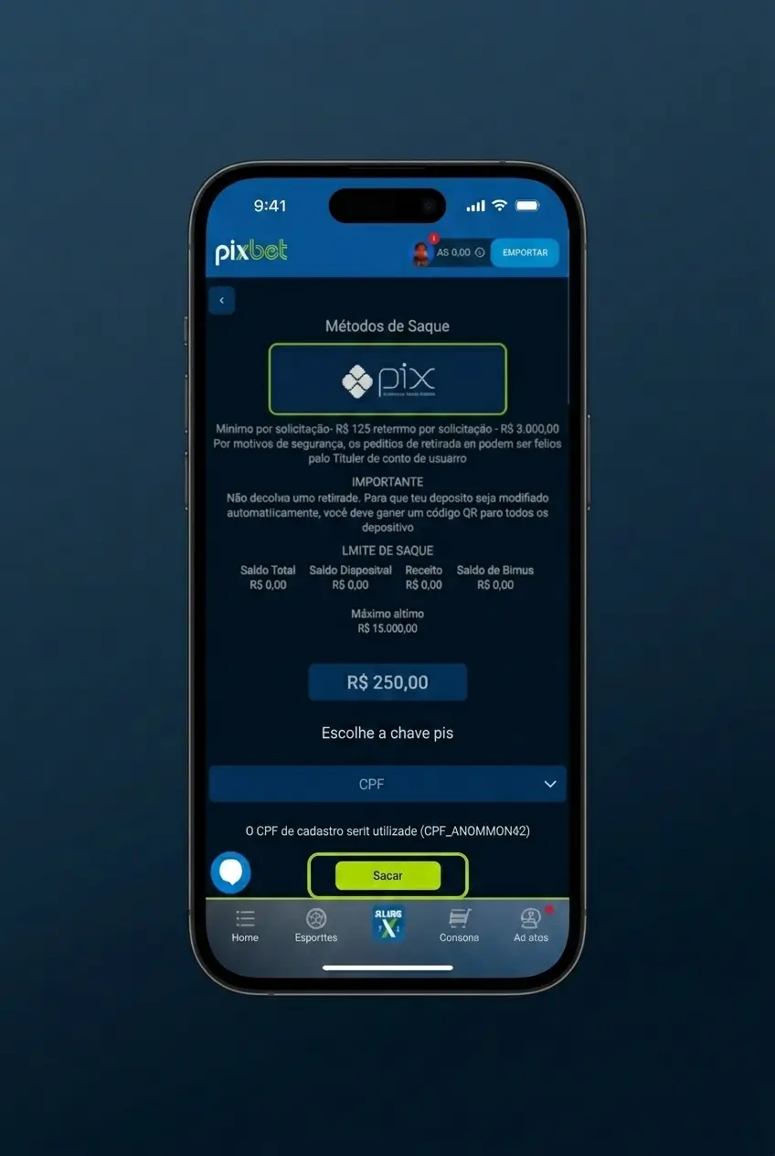 Passo a passo para sacar dinheiro na Pixbet via Pix ou TED com valor mínimo de R$20