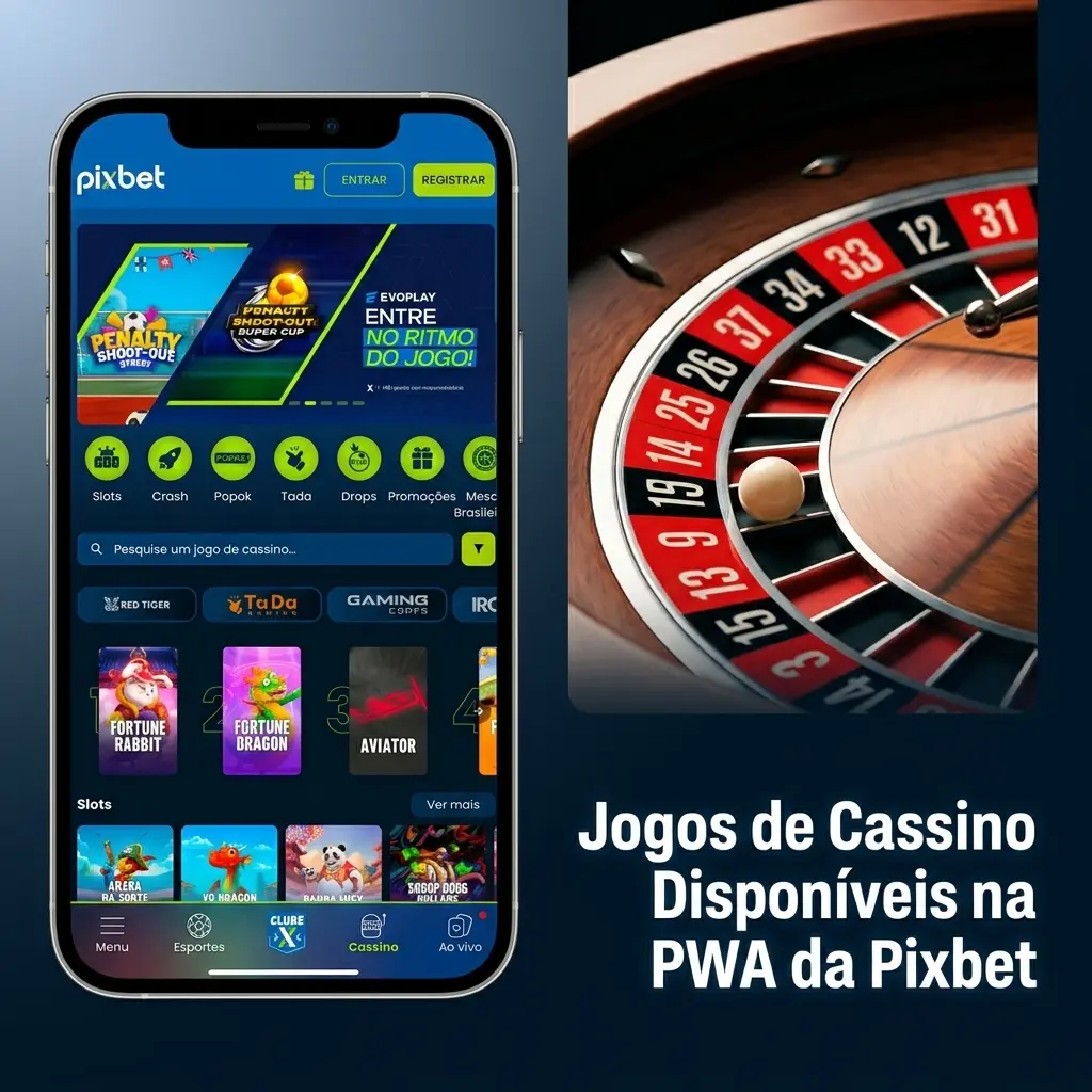 Jogos de cassino da Pixbet PWA com slots, crash games e mesas ao vivo de provedores como Pragmatic Play e Evolution