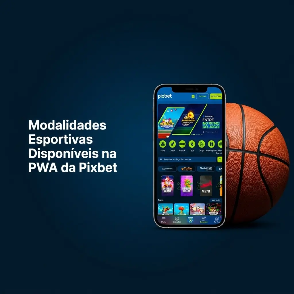 Modalidades esportivas disponíveis na PWA da Pixbet, incluindo futebol, basquete, tênis, MMA e e-sports
