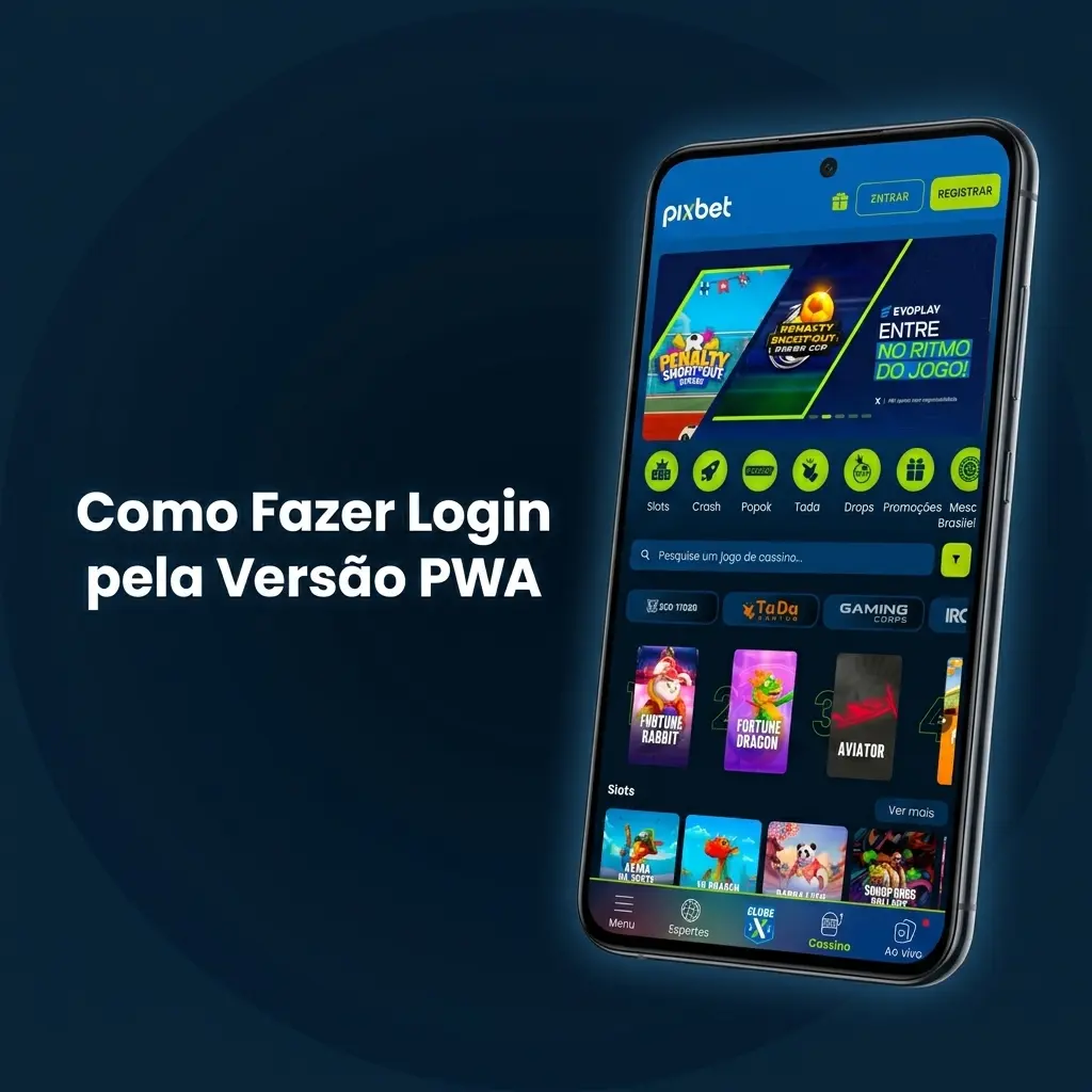 Tela de login da Pixbet PWA com campos de CPF e senha para acesso à conta