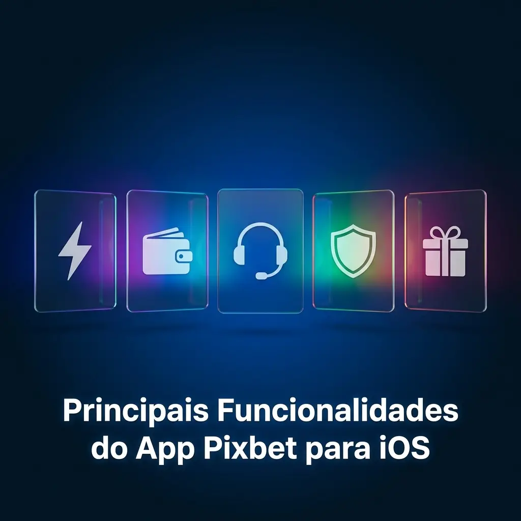 Tela do app Pixbet para iOS com funcionalidades como depósito mínimo de R$1 via Pix e apostas esportivas