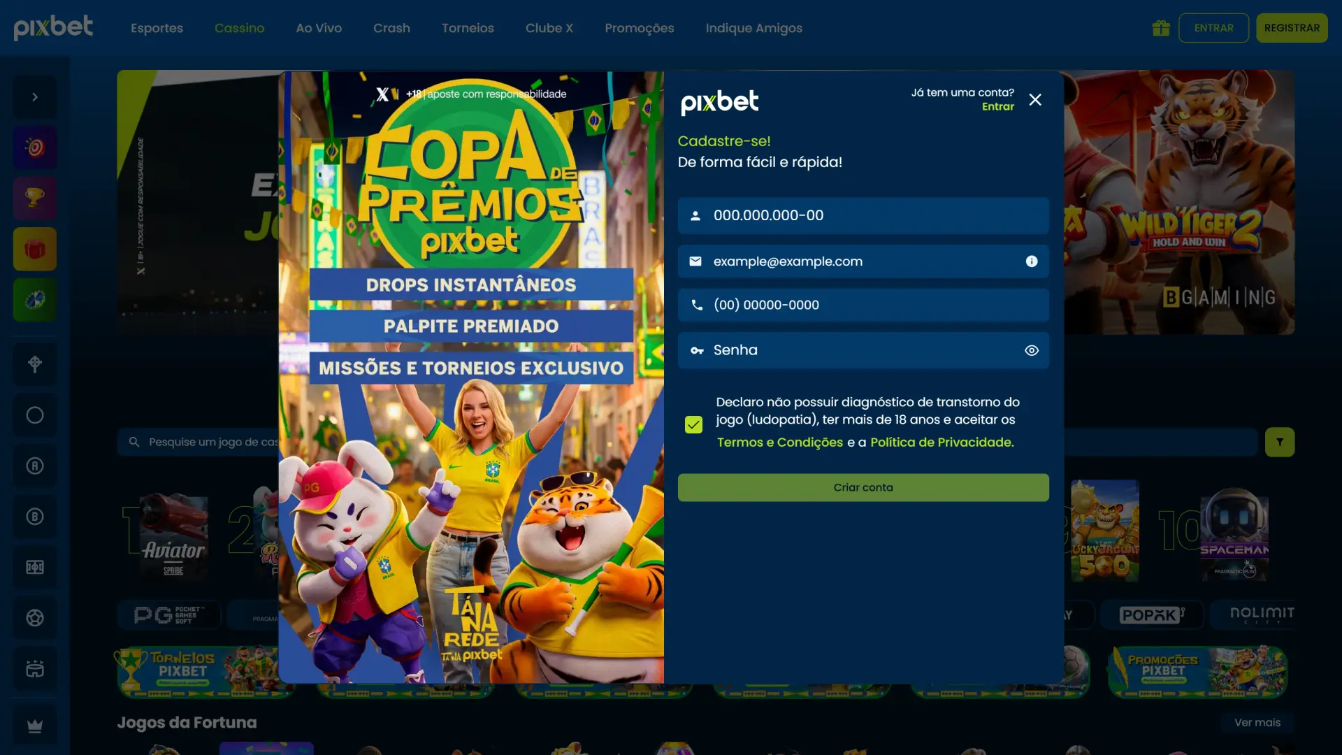 Preencha o formulário de inscrição na Pixbet para criar sua conta.