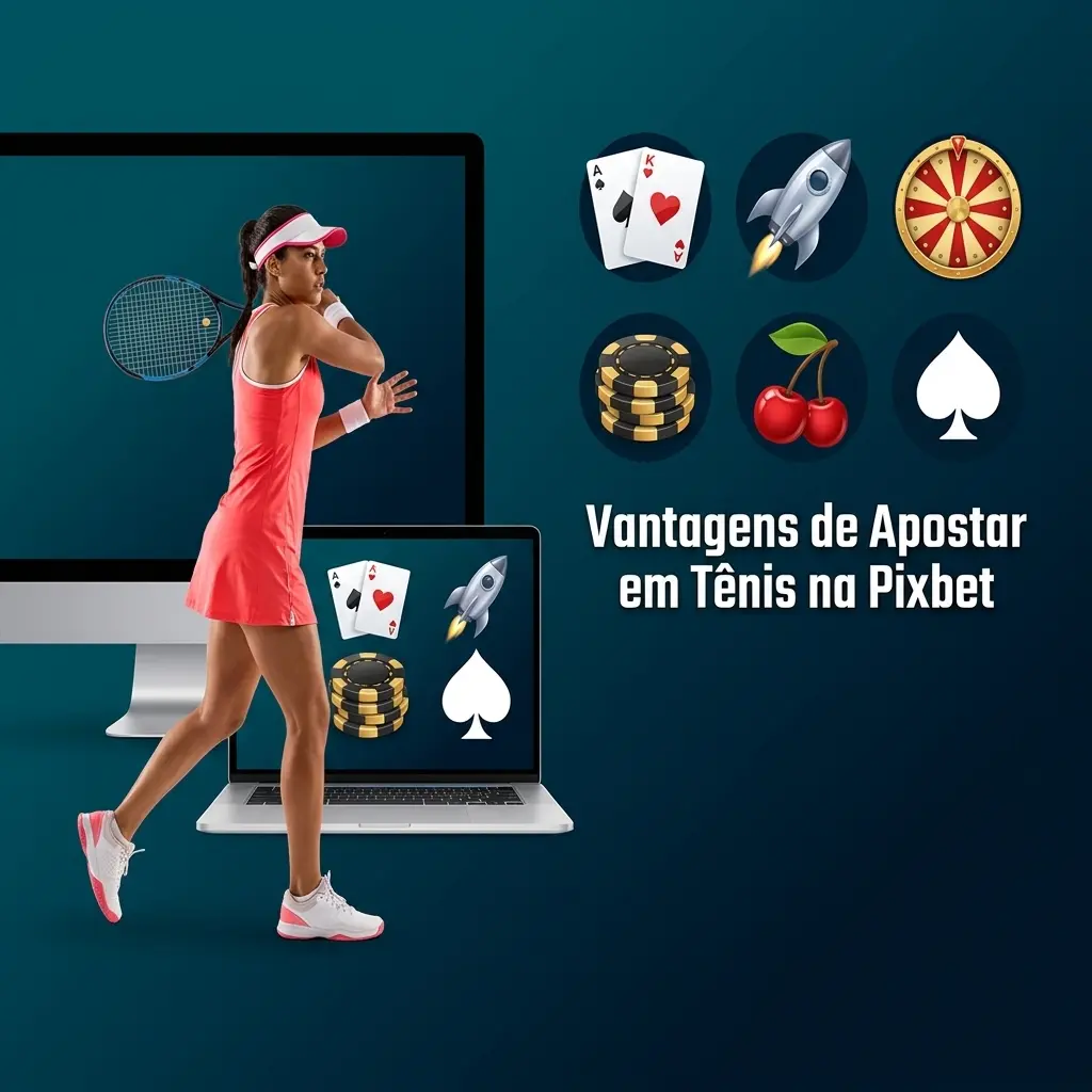 Quadra de tênis com interface da Pixbet mostrando odds ao vivo, mercados de apostas e torneios ATP e WTA disponíveis