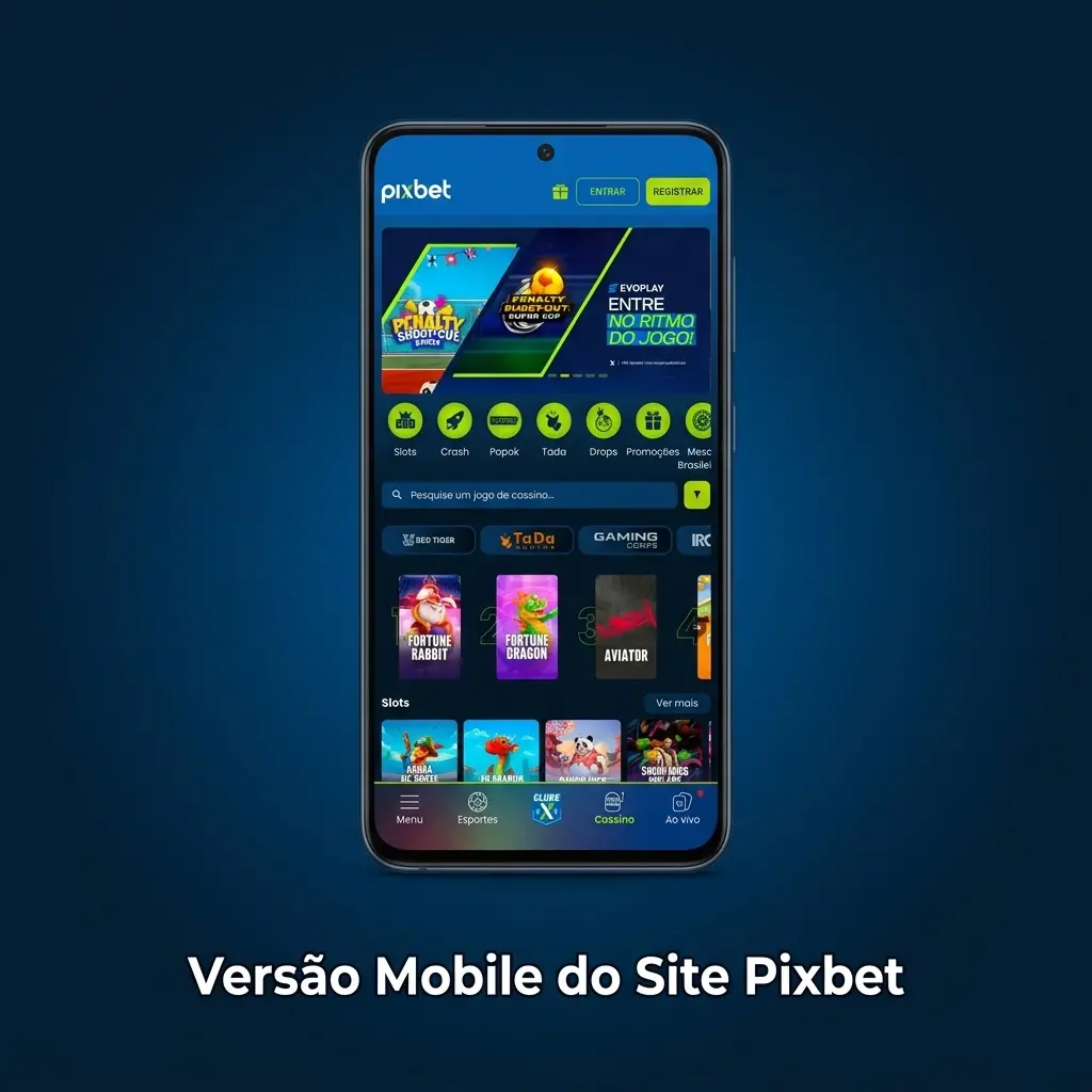 Interface mobile da Pixbet exibindo apostas esportivas, cassino ao vivo e opções de pagamento via Pix no smartphone