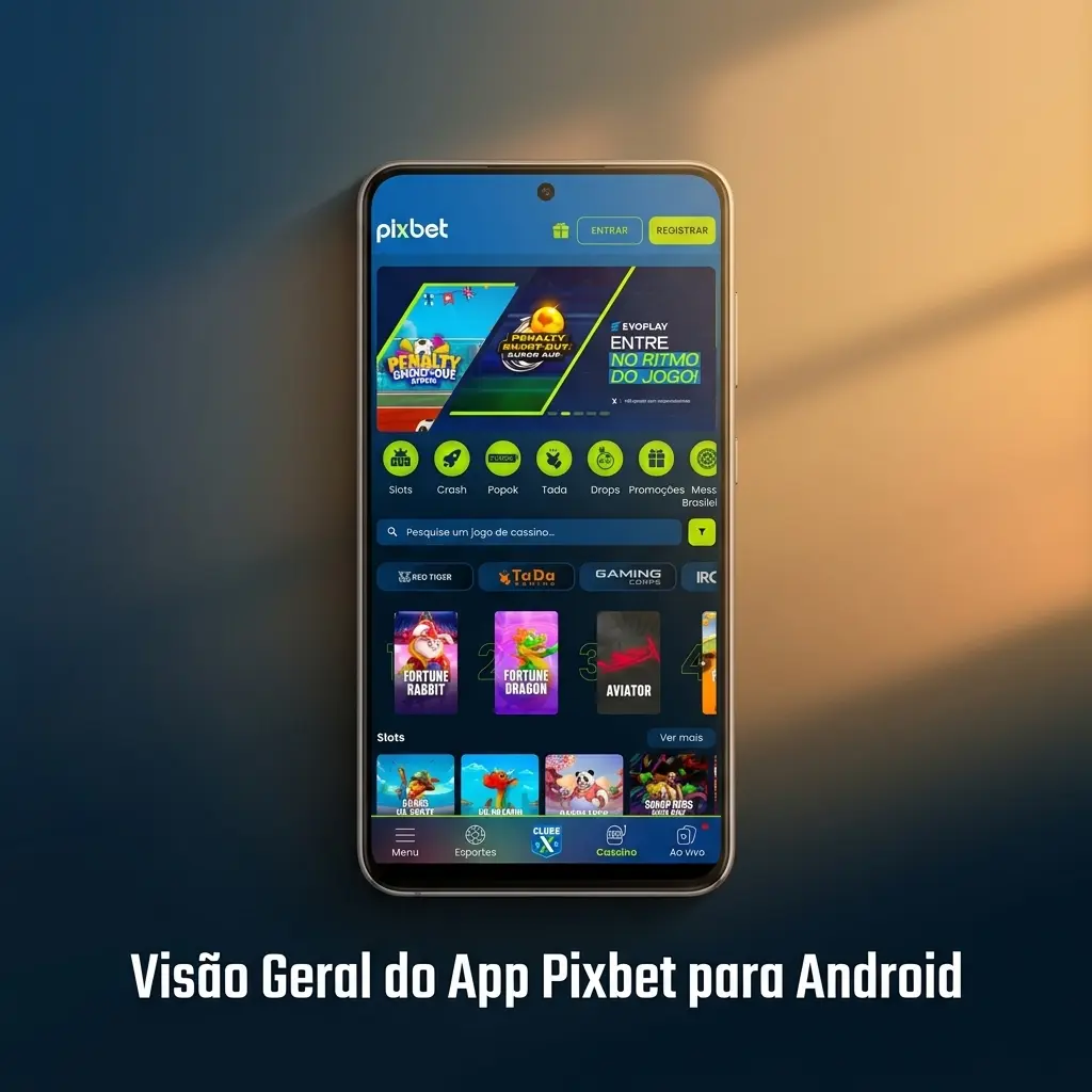 Interface do aplicativo Pixbet para Android com apostas esportivas e cassino, instalação via APK no Brasil