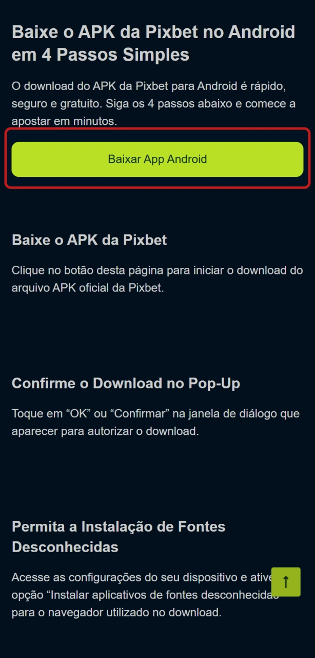 Comece o download do APK da Pixbet oficial para Android no seu celular.