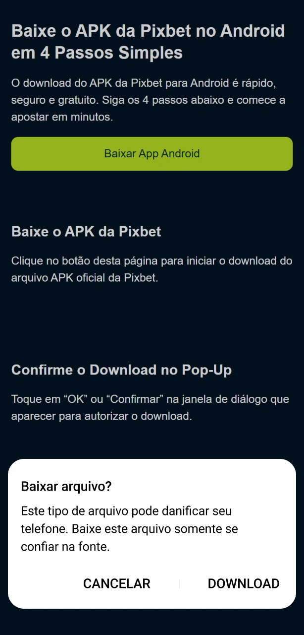 Confirme o download do APK da Pixbet no pop-up de segurança do Android.