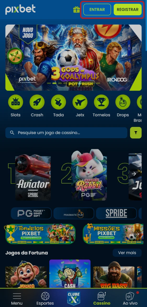 Faça login ou cadastre-se no aplicativo Pixbet para começar a jogar.