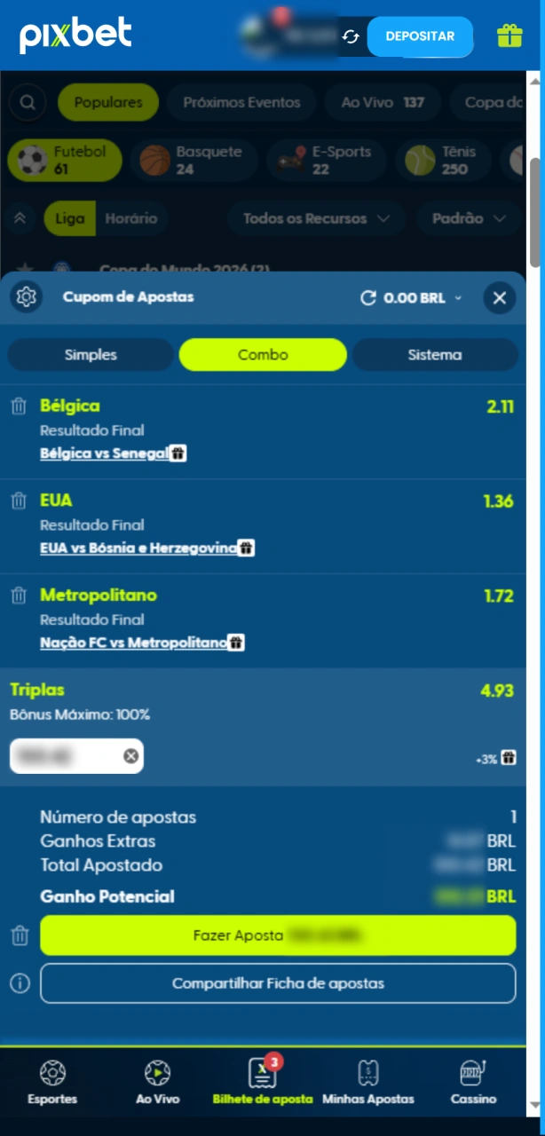 Selecione sua aposta e defina o valor no aplicativo Pixbet com segurança.