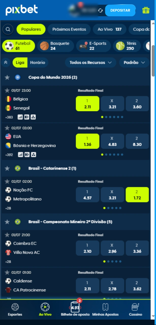 Escolha o esporte ou evento no aplicativo Pixbet para seus palpites.
