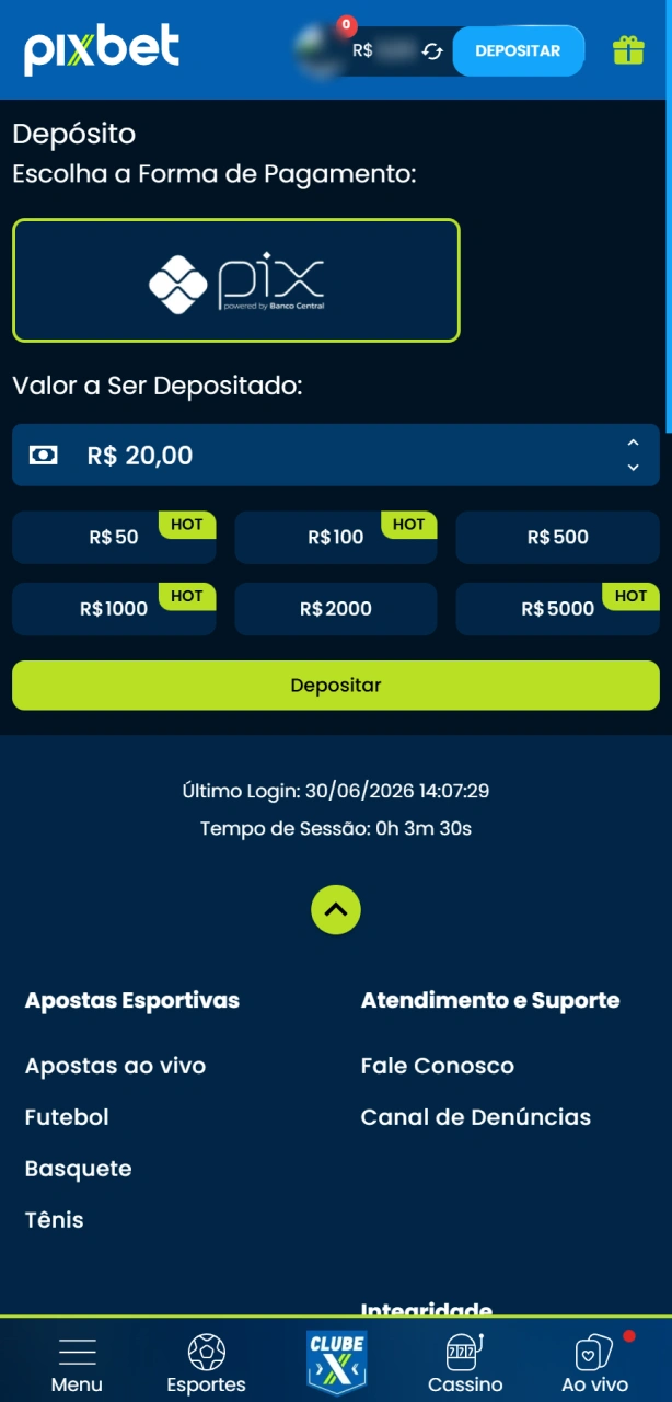 Faça seu primeiro depósito pelo aplicativo Pixbet e comece a apostar.