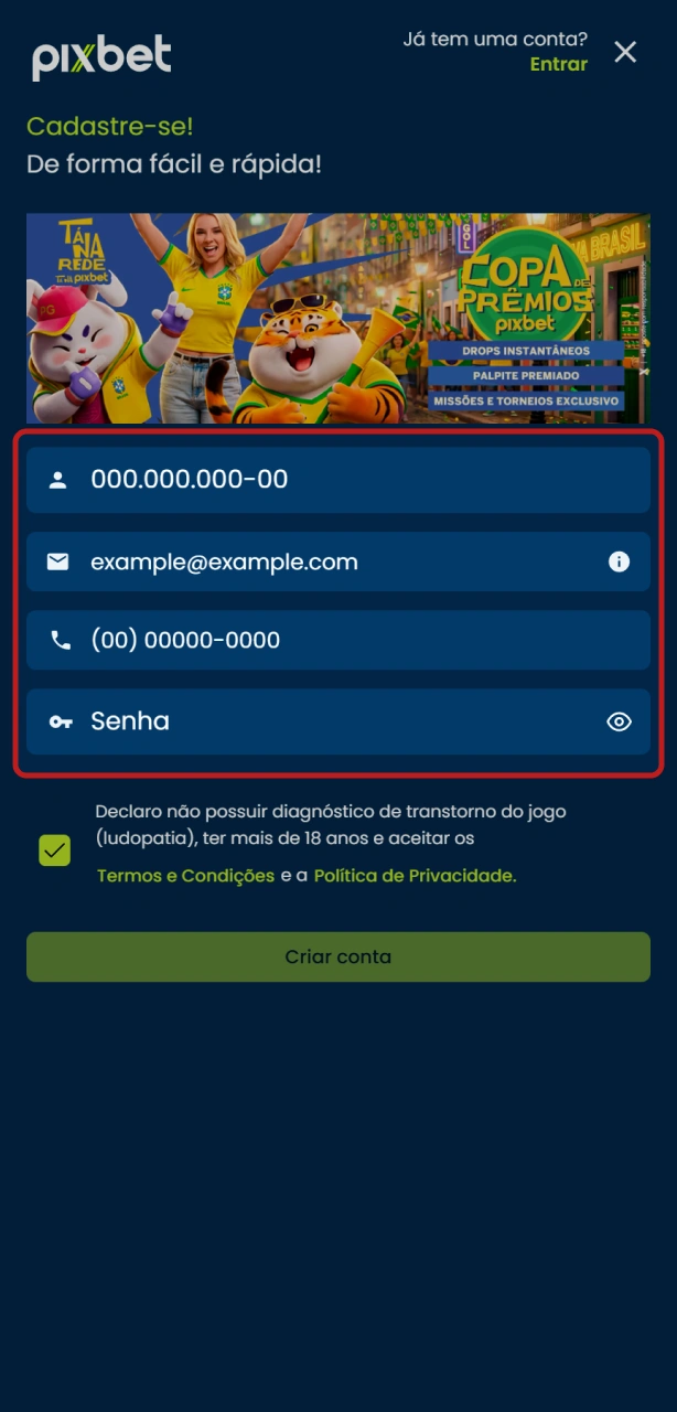 Preencha seus dados pessoais no formulário do aplicativo Pixbet.