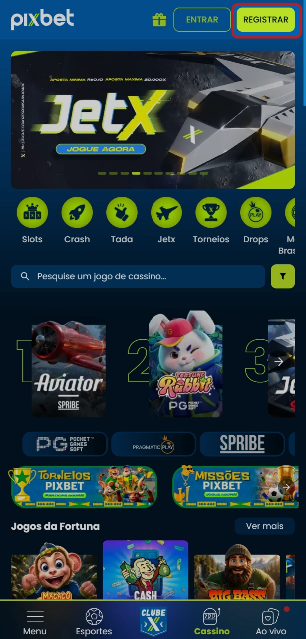 Abra o app e toque em “Cadastrar” no aplicativo Pixbet para começar.